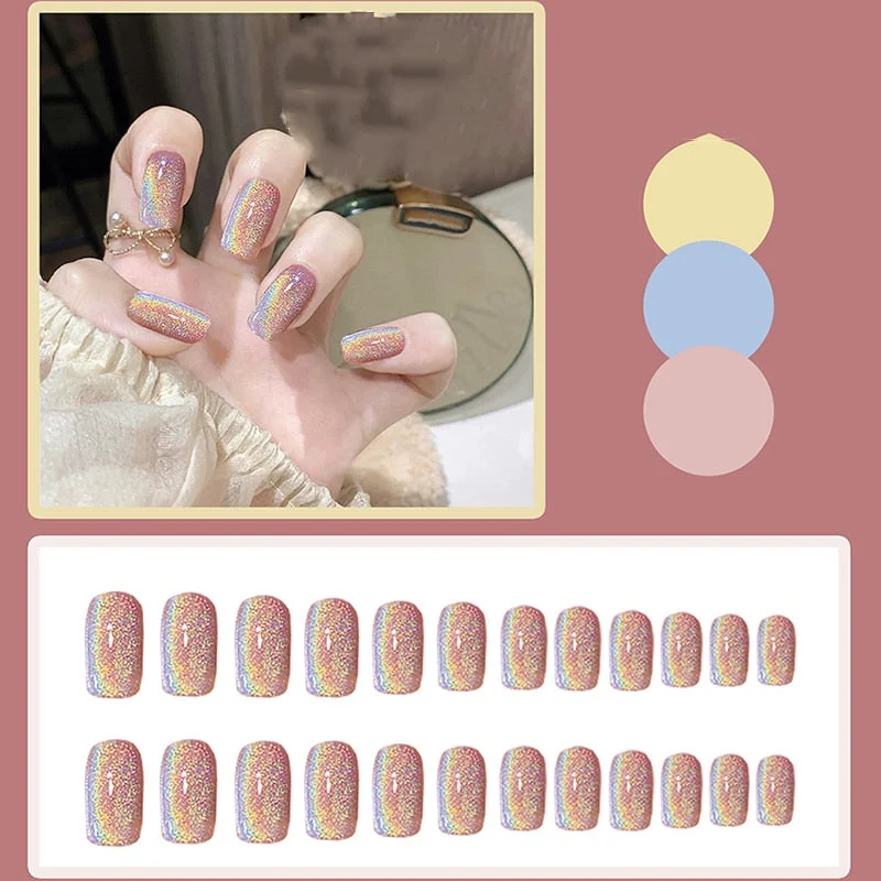 24PCS Fashionable Pink Metal Fake Nail press on Wearable Square Shape Glue model Decorated Finished Fake Nail with glue Product
