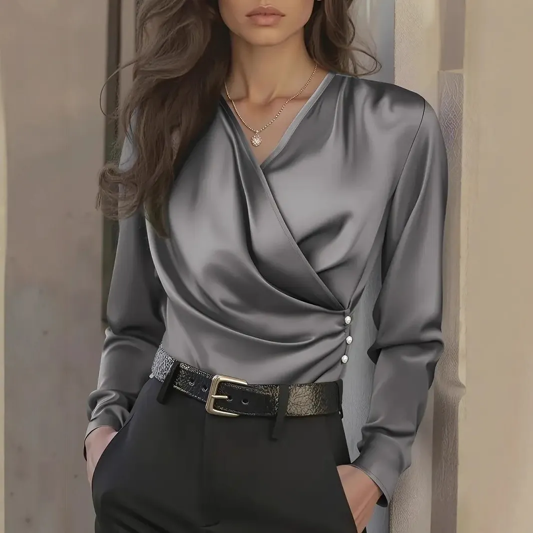 Wrap V Neck Ruched Side Pearl Button Slim Fit Satin Long Sleeve Commuter Blouse