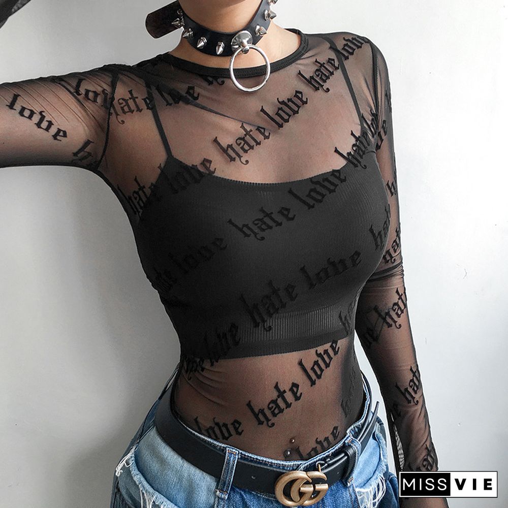 Sexy Women Mesh T-Shirts See-Through Perspective Tshirt Letter Printed Neck Transparent