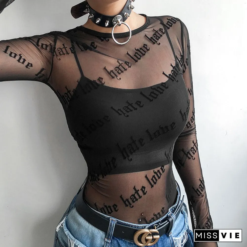Sexy Women Mesh T-Shirts See-Through Perspective Tshirt Letter Printed Neck Transparent
