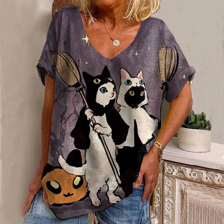 Vefave Halloween Cat Print T-Shirt