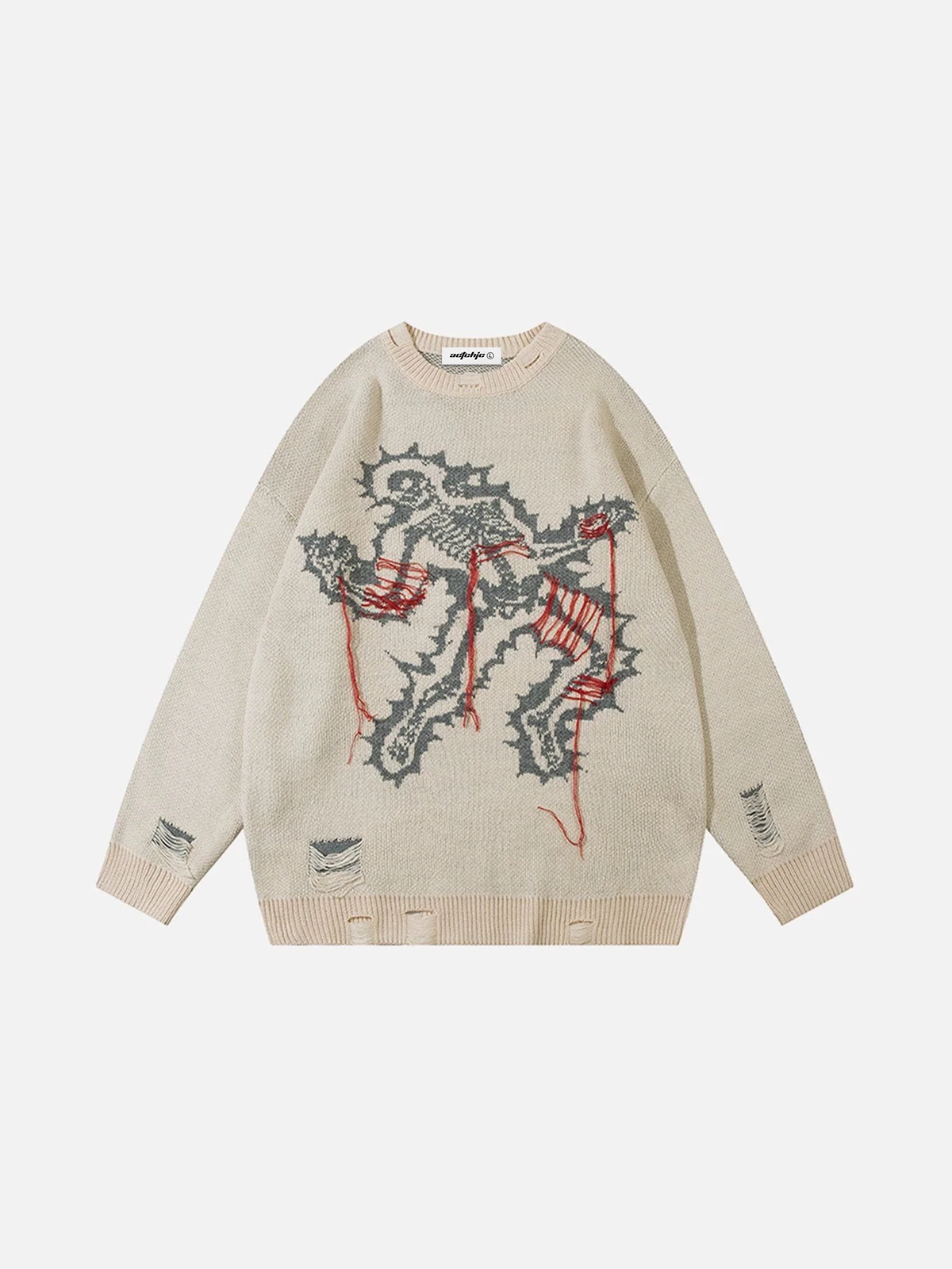 Beige Skeleton Distressed Sweater Front