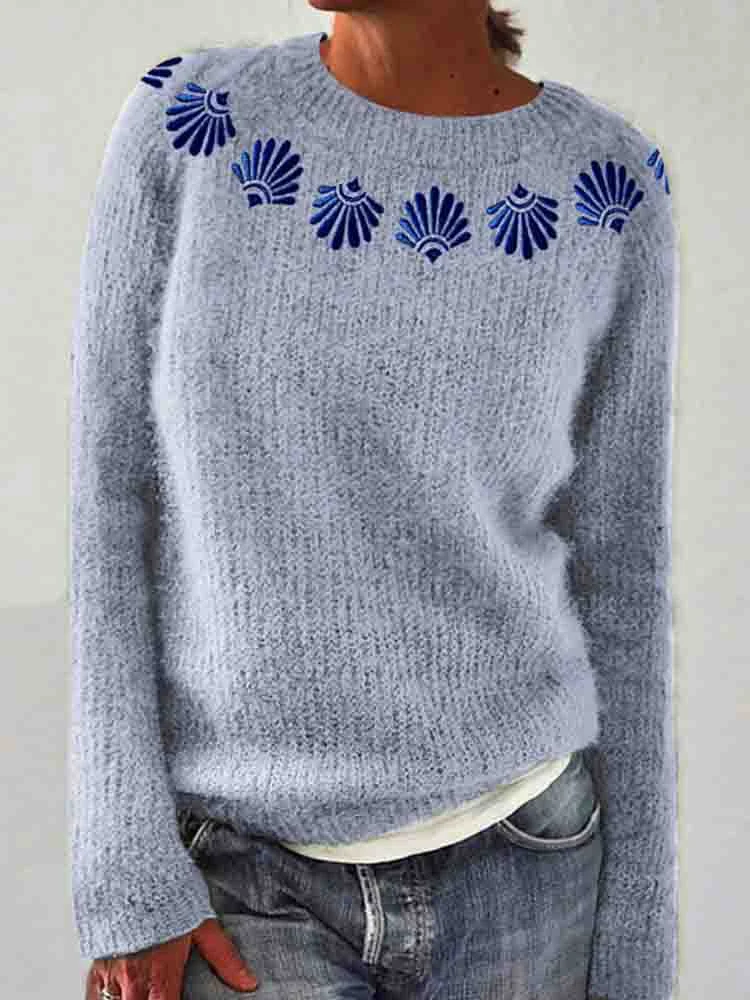 Greek Embroidery Cozy Knit Sweater