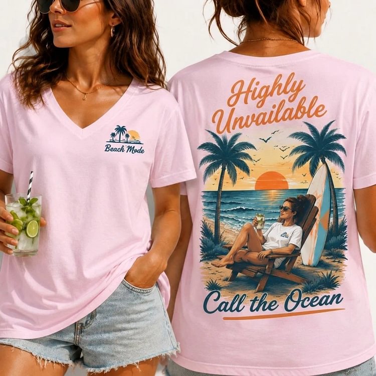 Women&rsquo;s Beach Mode V-Neck Graphic Tee 🌴 Relaxed Summer Vacation Shirt for Women