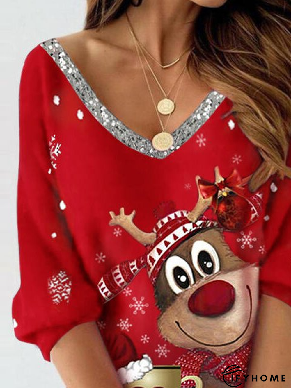 Christmas Regular Fit Glitter V Neck T-Shirt | IFYHOME