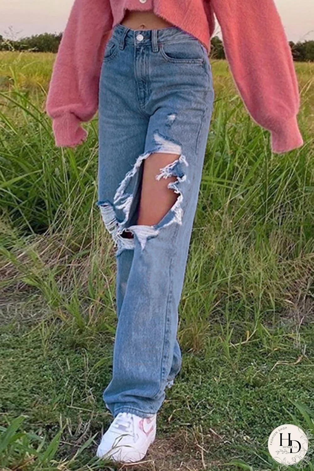 Blue Fashion Casual Solid Ripped High Waist Regular Jeans