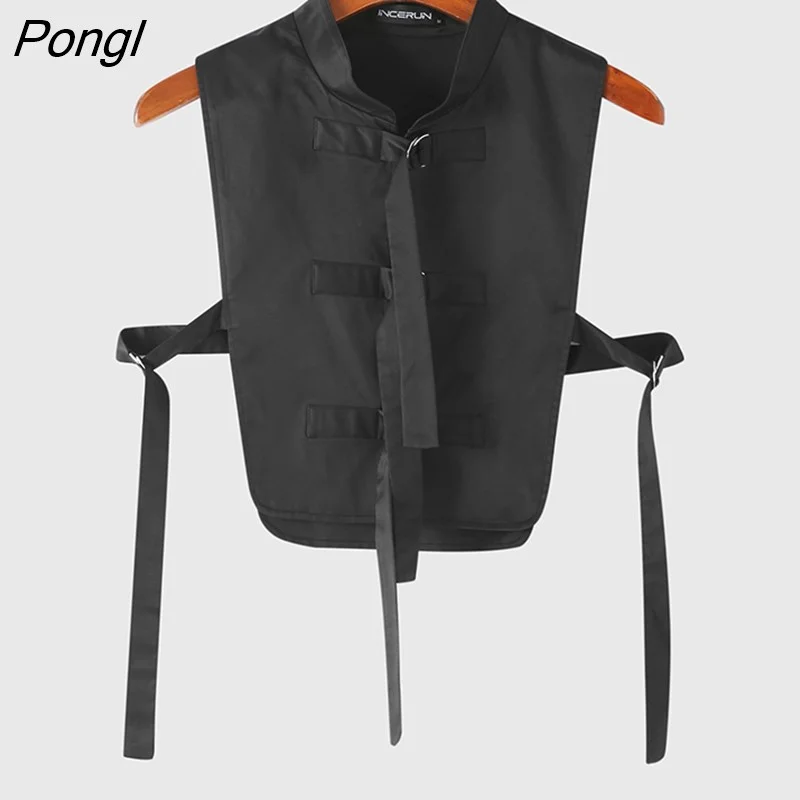 Pongl 2023 Men Shirt Solid Color Stand Collar Sleeveless Sexy Men Crop Tops Button Hollow Out Streetwear Fashion Camisas S-5XL