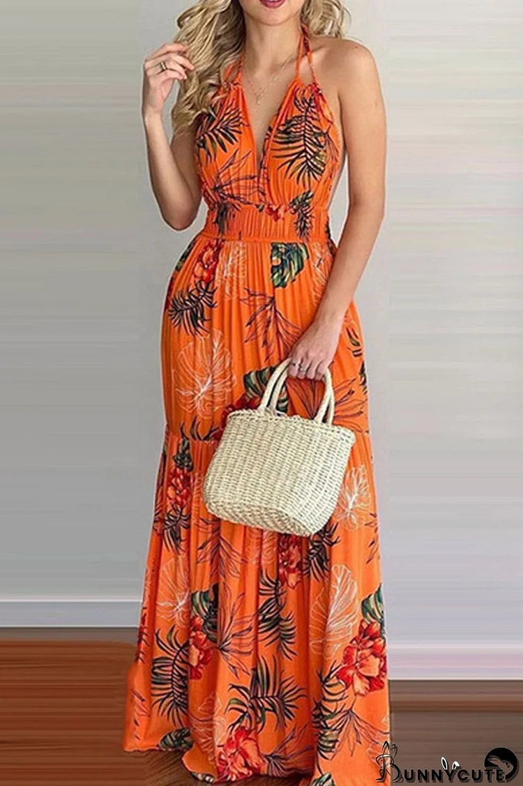 Tangerine Sexy Print Split Joint Backless Halter Straight Dresses