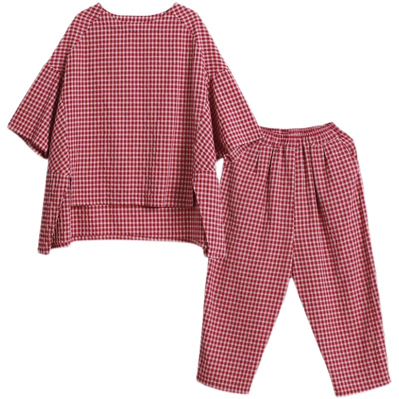 Vintage Cotton and Linen Plaid Blouse and Pants Suits