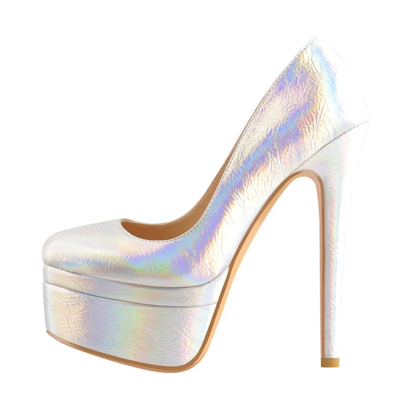 Onlymaker Women Colorful Round Toe 16CM High Heel Platform Stiletto Slip On Pumps For Party Dressing Gold and Silver Shoes