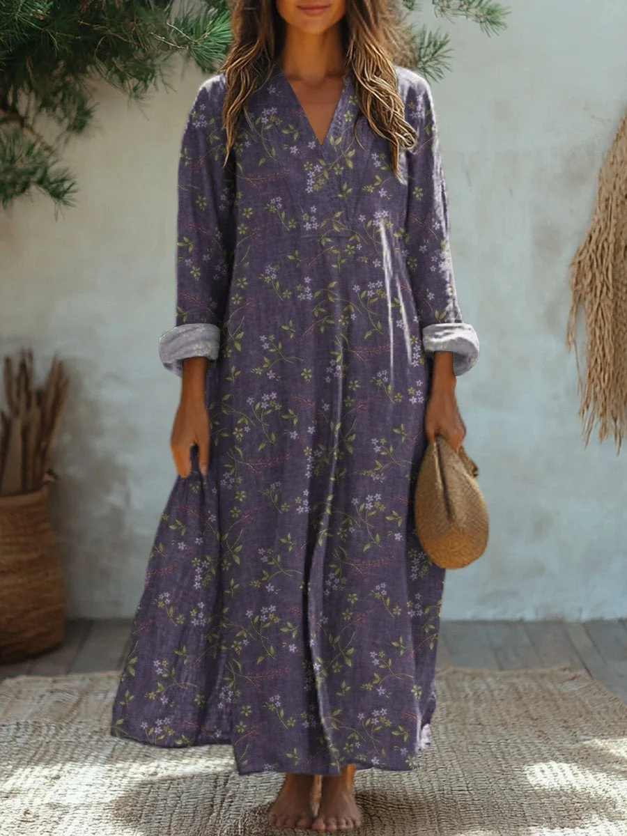 Vintage Lavender Floral Pattern Printed Women's Dress