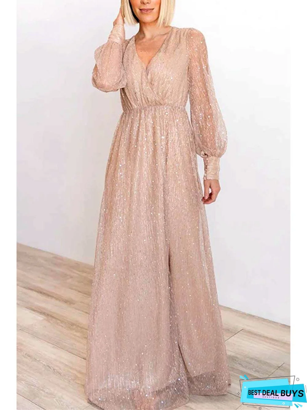 Large Women's Banquet Evening Dress Long Sleeve V-Neck Split Dress
