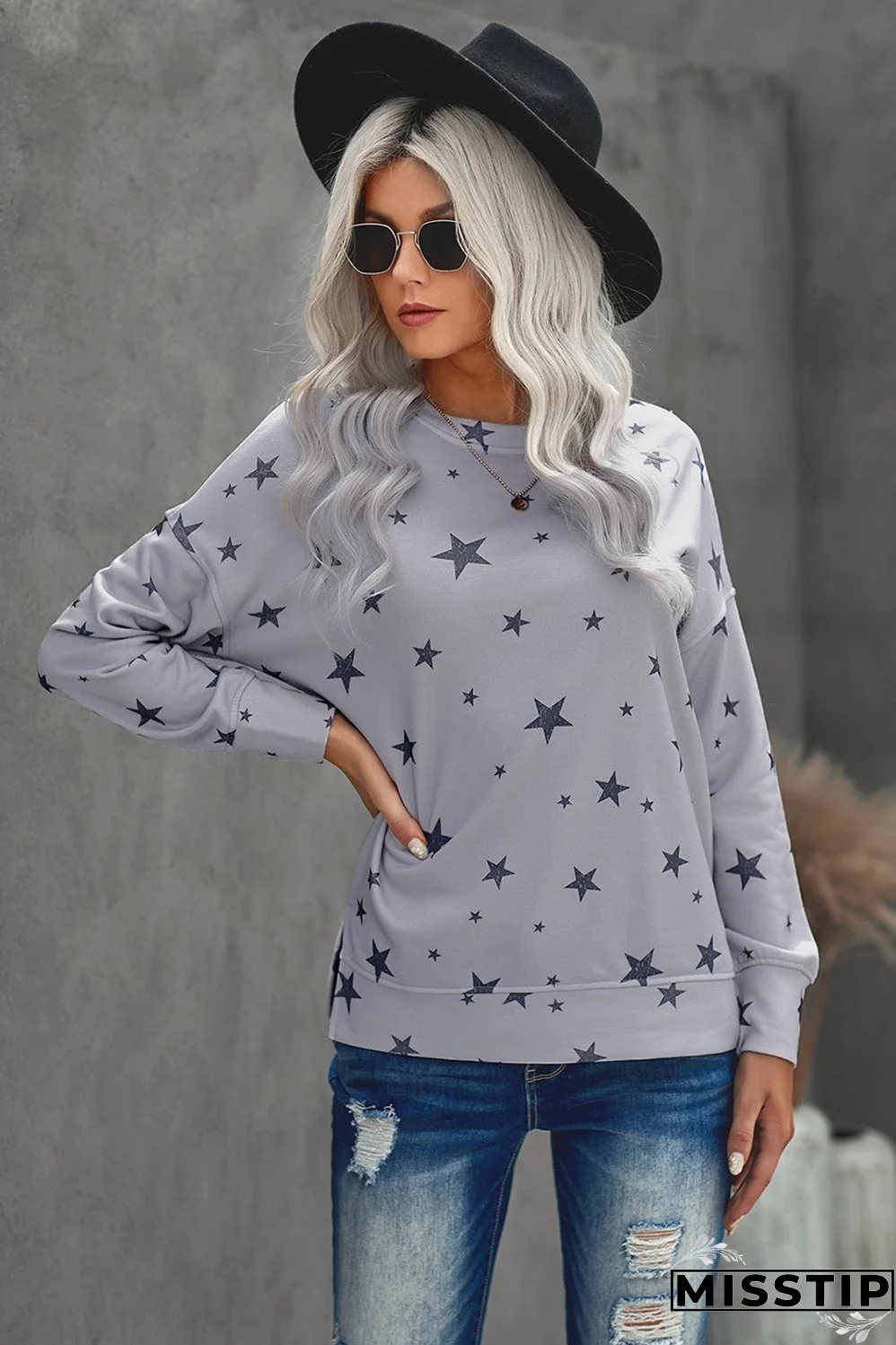 Women's Gray Round Neck Star Print Casual Long Sleeve Top