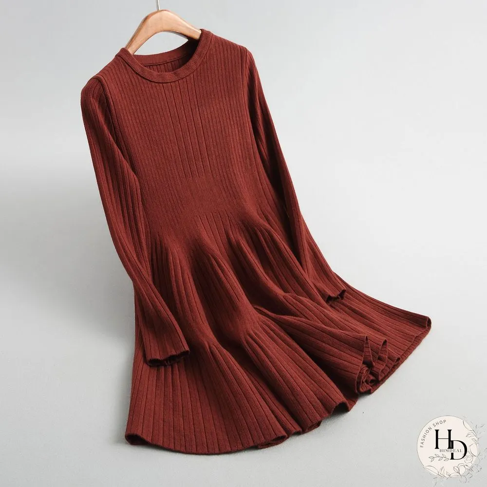 Spring Autumn Sexy Mini Dress Women O-Neck Long Sleeve Elastic Waist Korean A-Line Knitted