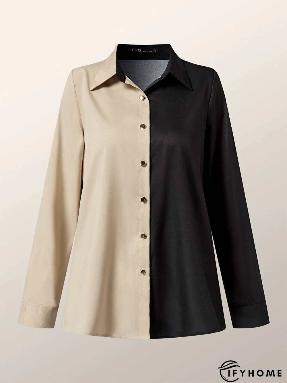 Shirt Collar Color-Block Long Sleeve Plain Blouse | IFYHOME