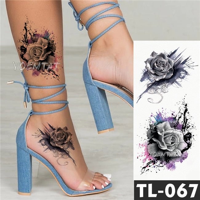 Water Transfer Dark Splash Ink Realistic Roses Temporary Tattoo Sticker Arm Leg Back Pattern Body Art Waterproof Fake Tattoo 515