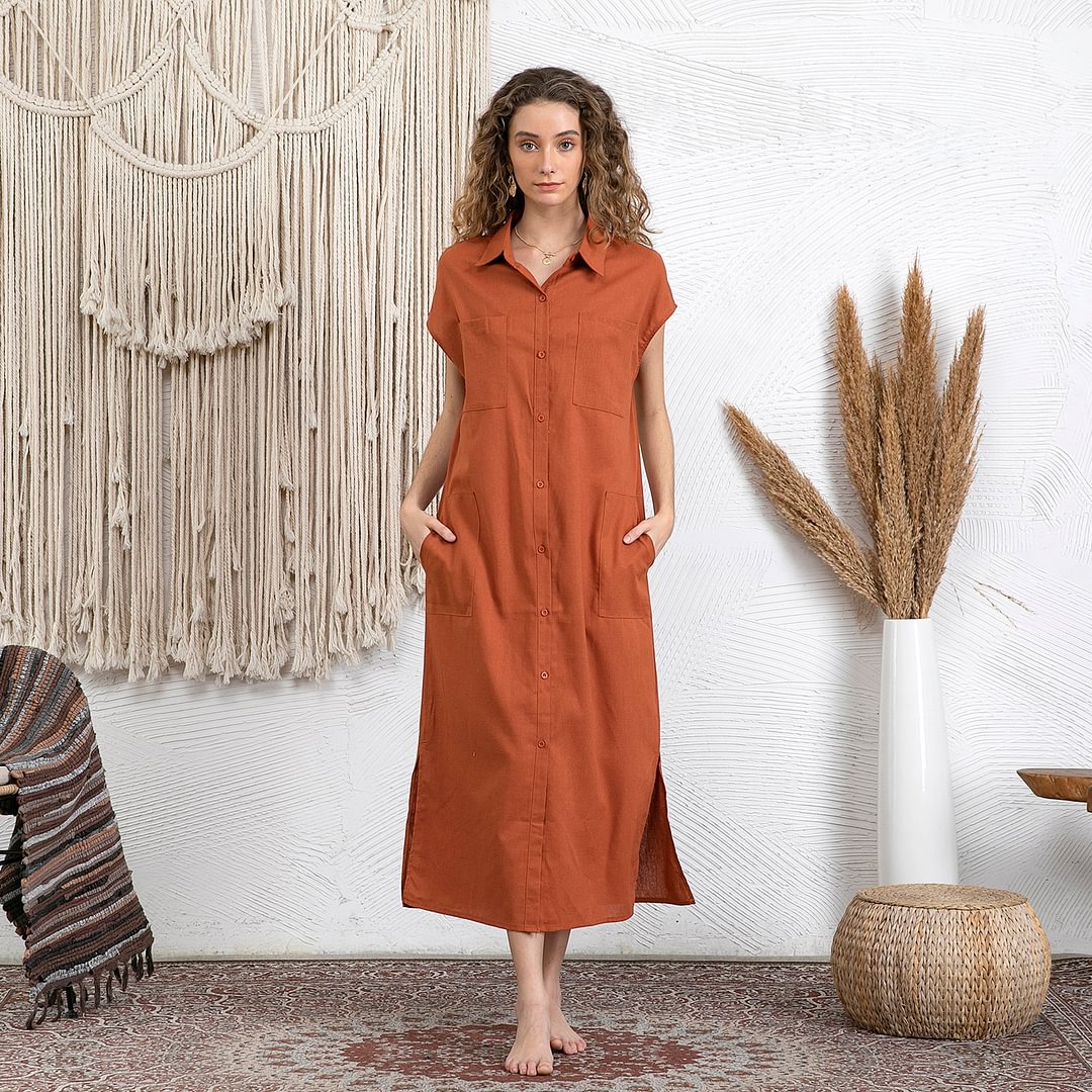 Minimalism Sleeveless Linen Shirt Dress