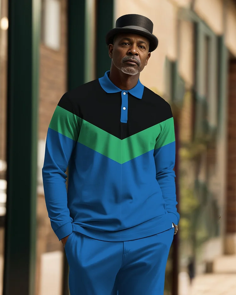 Men's Geometric Plaid Casual Colorblock POLO Shirt Trousers Set 003