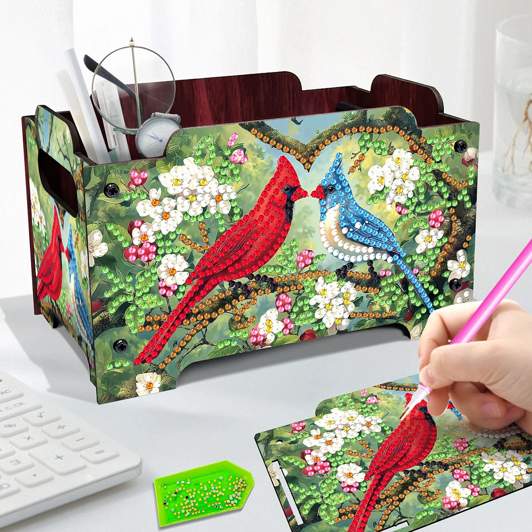 5D DIY Diamond Painting Decorative Storage Box Wood Storage Clutch (Cardinal)