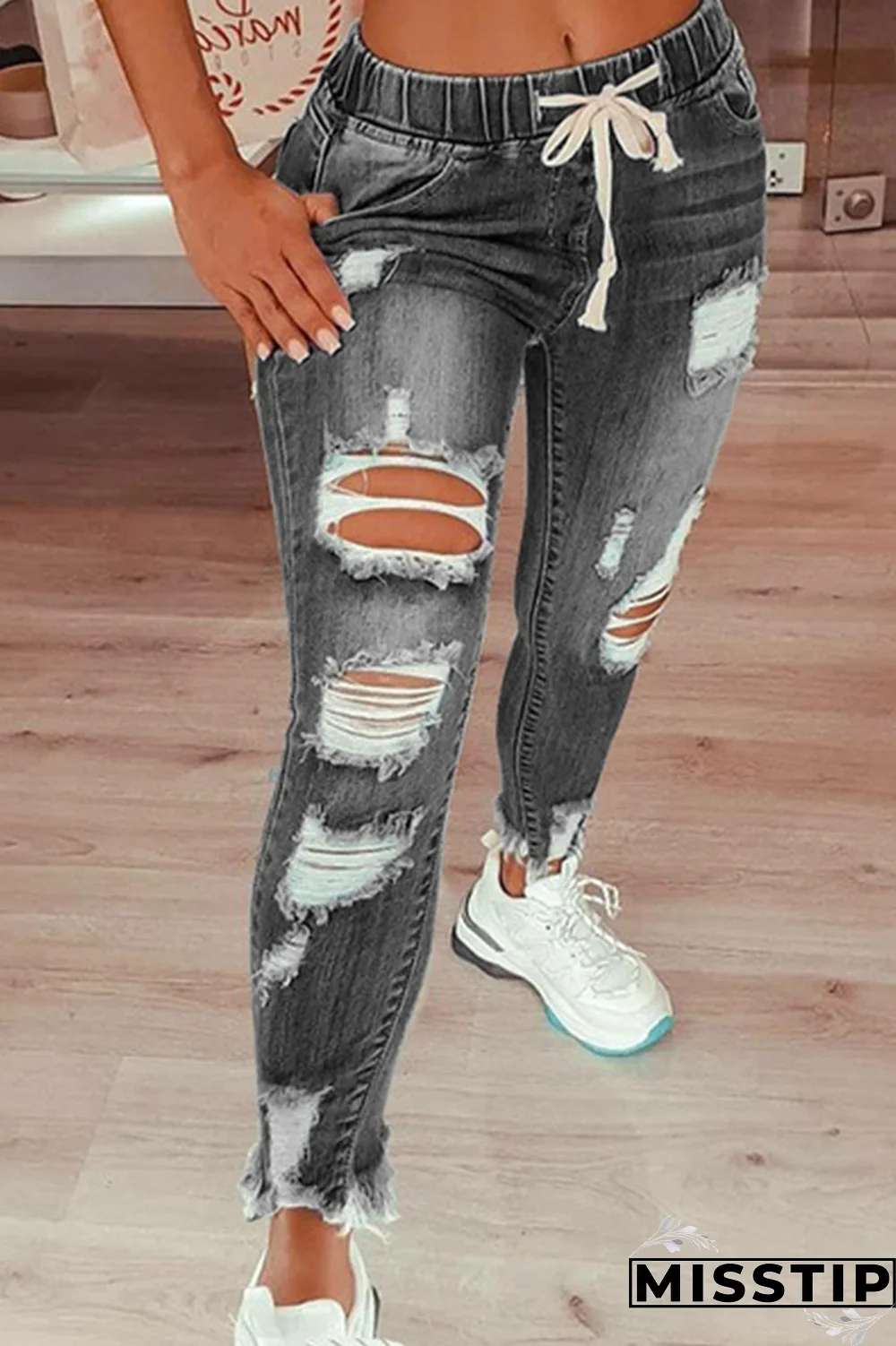 Black Casual Patchwork Ripped High Waist Skinny Denim