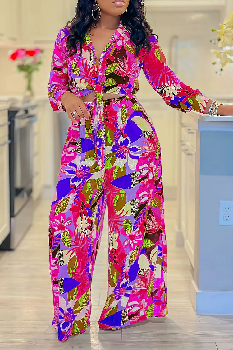Floral Print Tied Up Blouse Wide Leg Pants Vacation Matching Set-Green