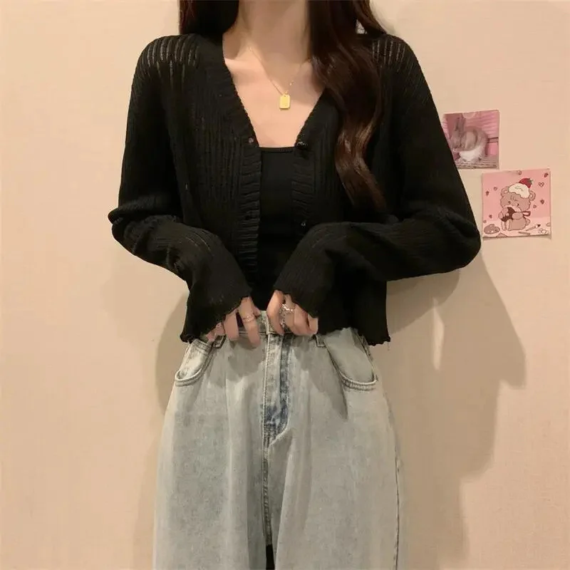 Uveng Uveng Women's Thin Outer Summer 2023 New Long-Sleeved V-Neck Coat Sunscreen Short Knitted Early Autumn Coat Ins