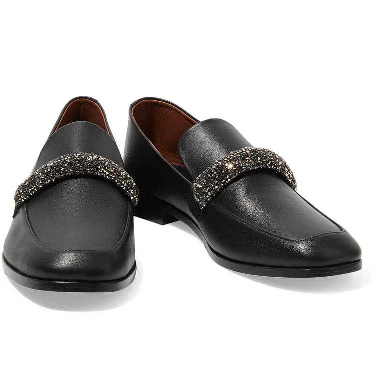 Black Chunky Heels Rhinestone Loafers for Women |FSJ Shoes