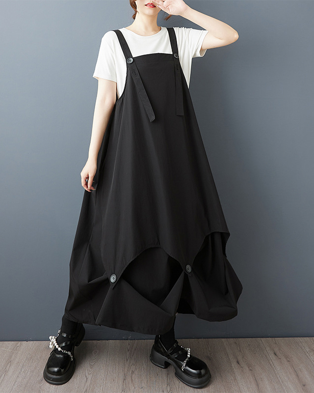 Cut-Out Asymmetric Hem Wide Shoulder Strap Button Detail Maxi Dress