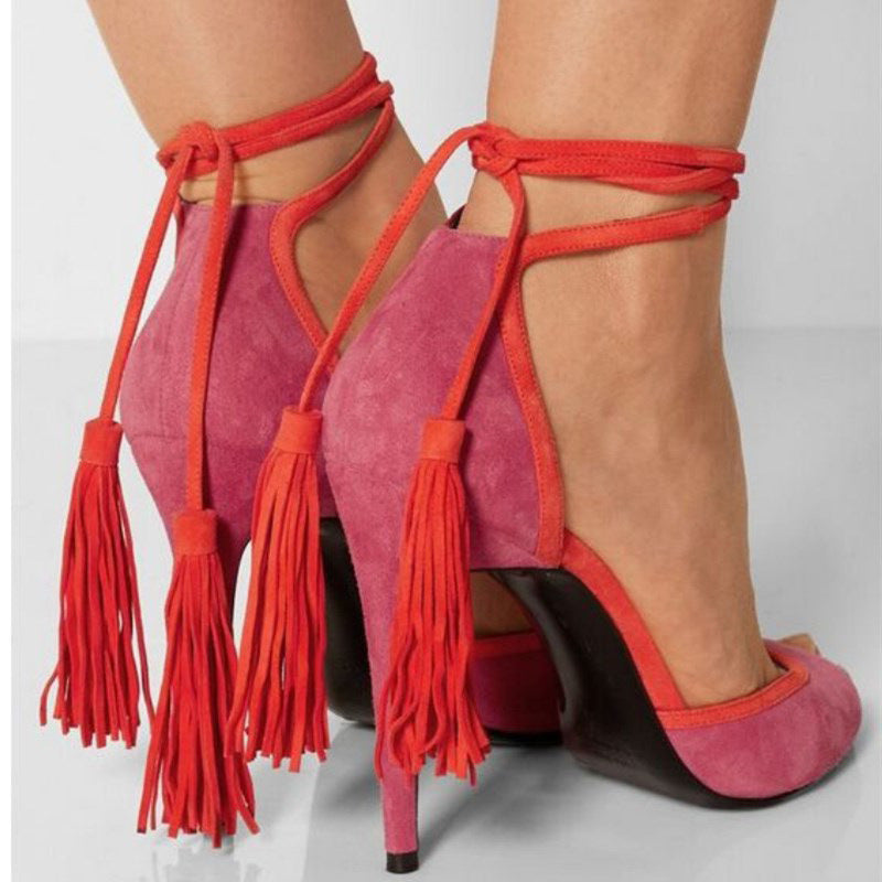 VCSHOES Fringed Peep Toe Stiletto Sandals