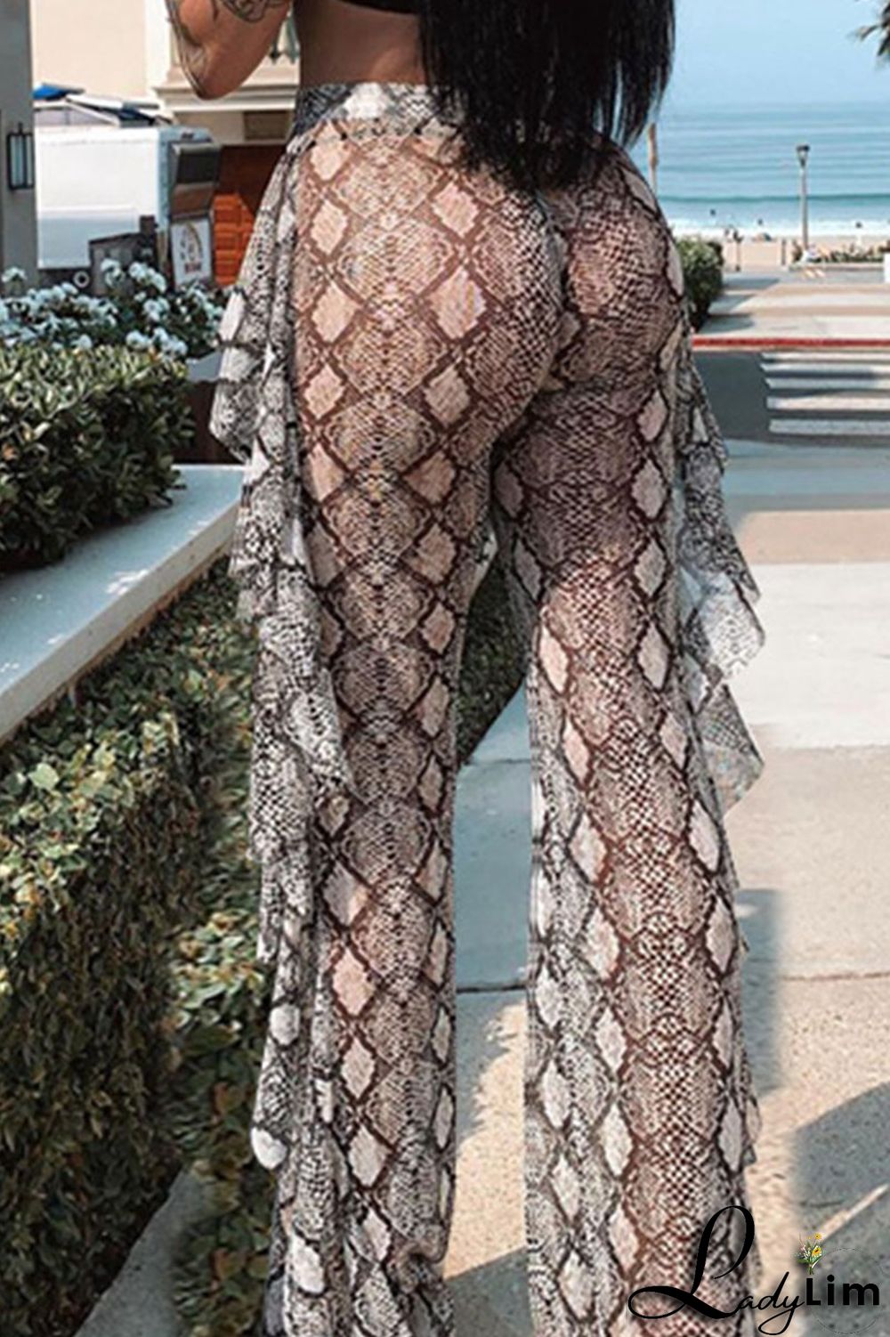 Grey Sexy Print Patchwork Flounce Straight High Waist Straight Full Print Bottoms