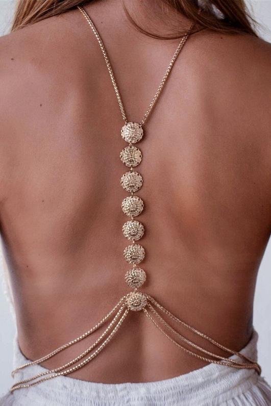 Gold Layered Floral Engraved Vintage Belly Back Body Chain Necklace Jewelry-elleschic