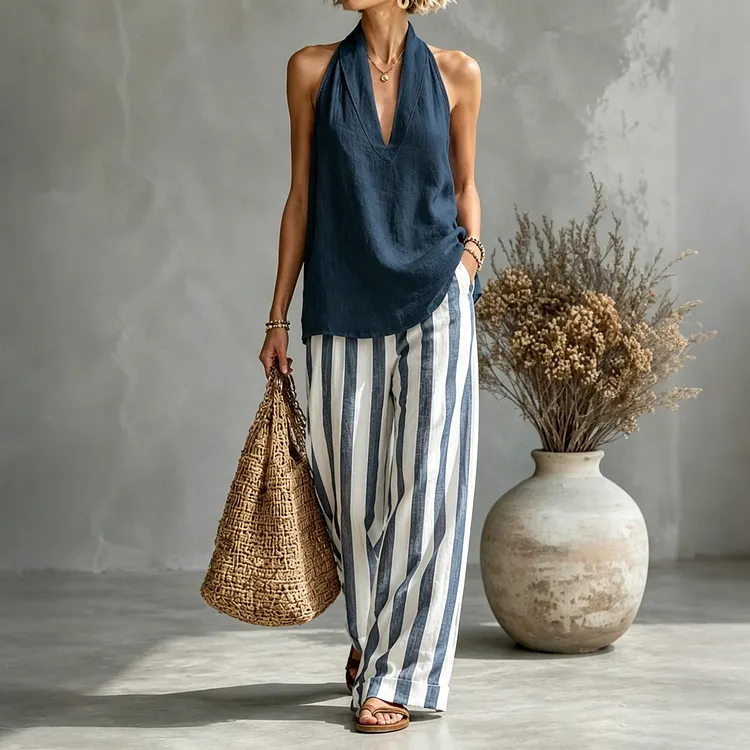 Striped Halterneck Vest Wide-leg Pants Linen Two-piece Set