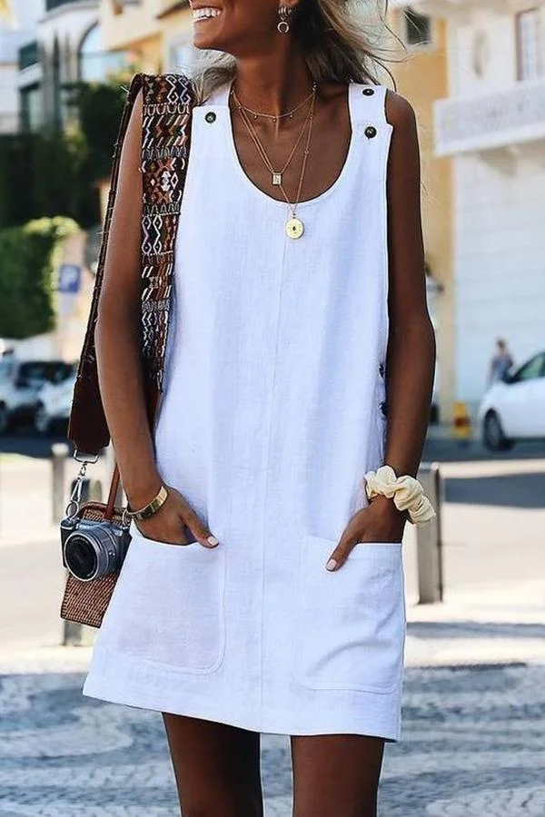 Womens Fashionable Short All-match Pocket Button Dress-Allyzone-Allyzone