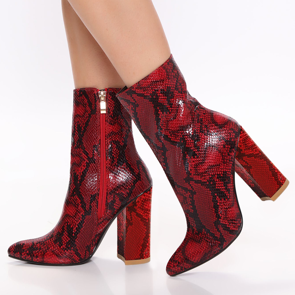 Trendy Red Python Embossed Chunky Heel Ankle Boots with Zipper Nicepairs