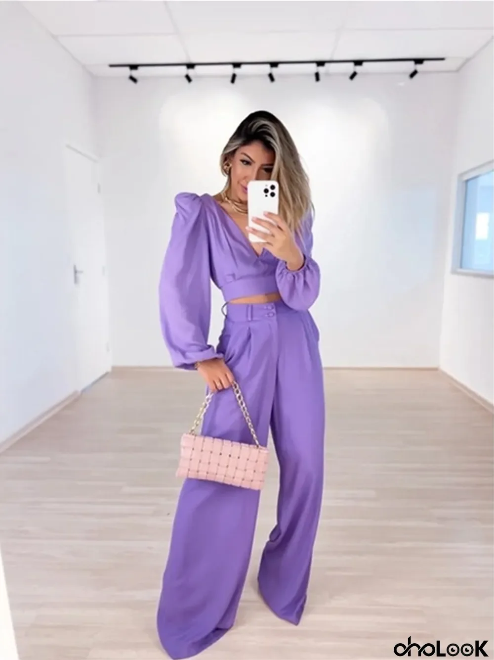 Ladies Spring V Neck Long Sleeve Shirt High Waist Wide Leg Trousers Plus Size Fashion Casual Set