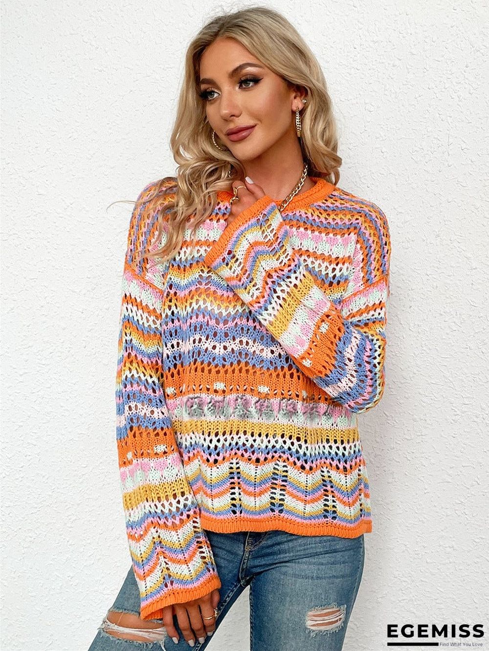 Autumn/Winter's New Stitched Loose-fitting Round-neck Striped Sweater | EGEMISS