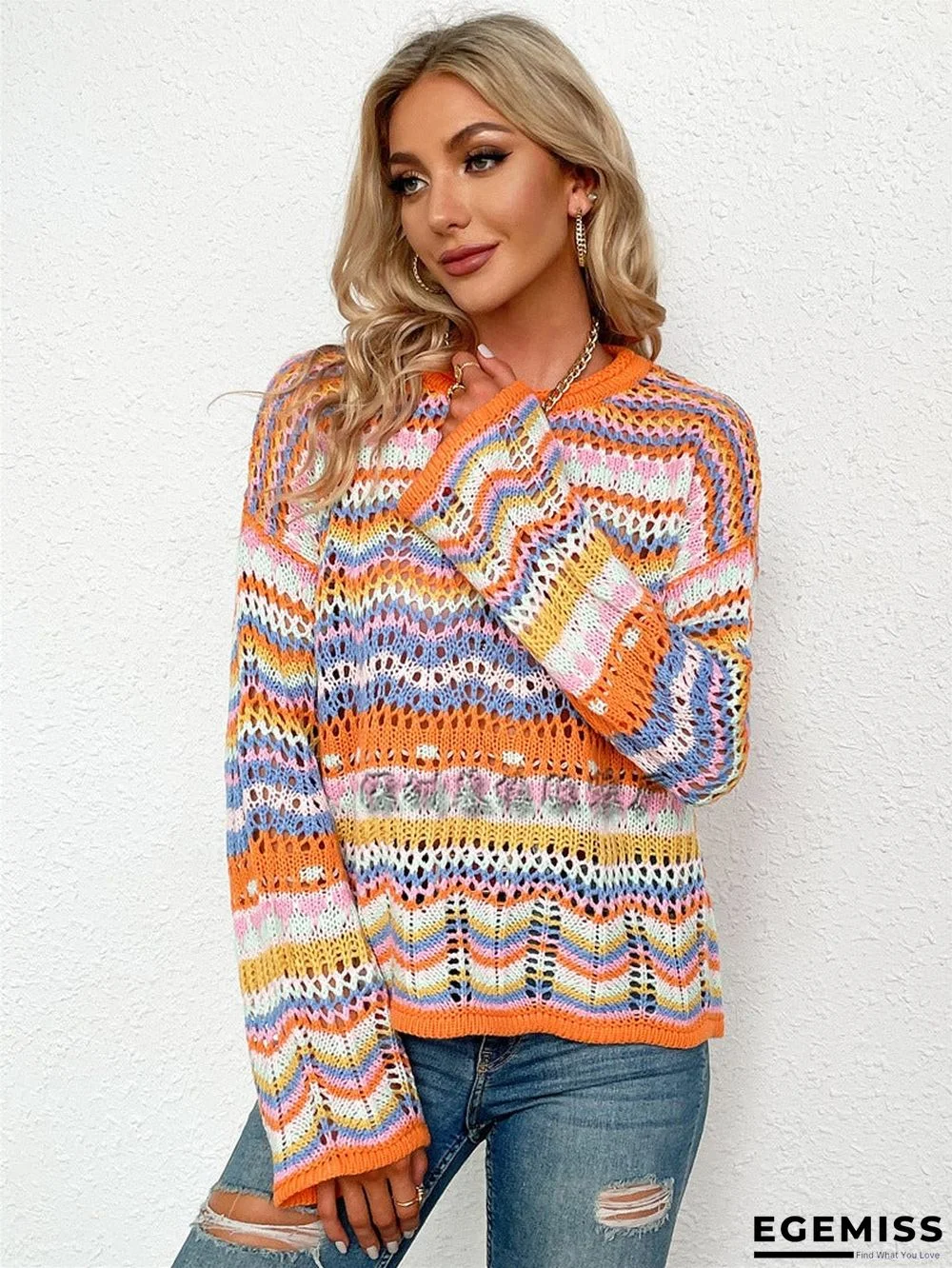 Autumn/Winter's New Stitched Loose-fitting Round-neck Striped Sweater | EGEMISS