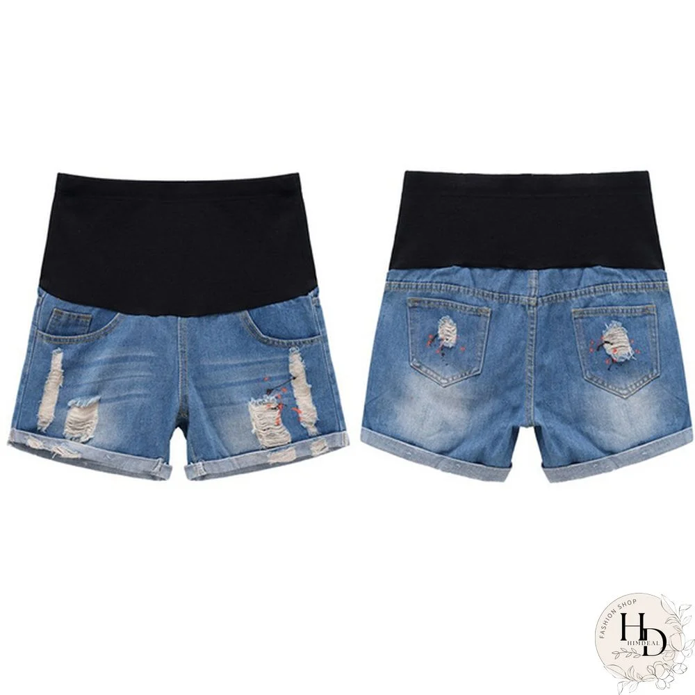 Summer Ripped Denim Maternity Shorts Elastic Waist Belly Shorts for Pregnant Women