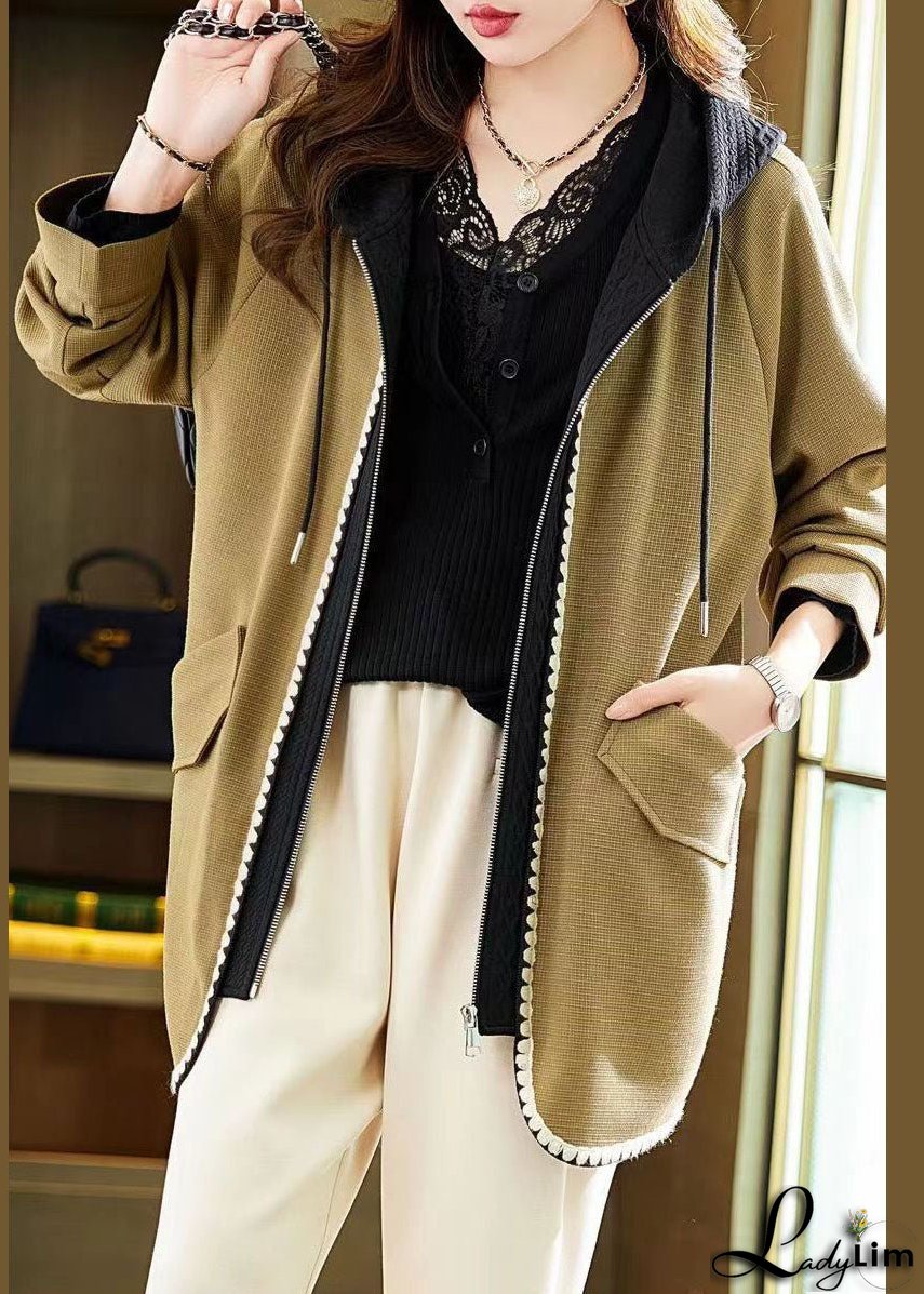 French Yellow Zip Up Pockets Patchwork Cotton Hooded Coat Fall