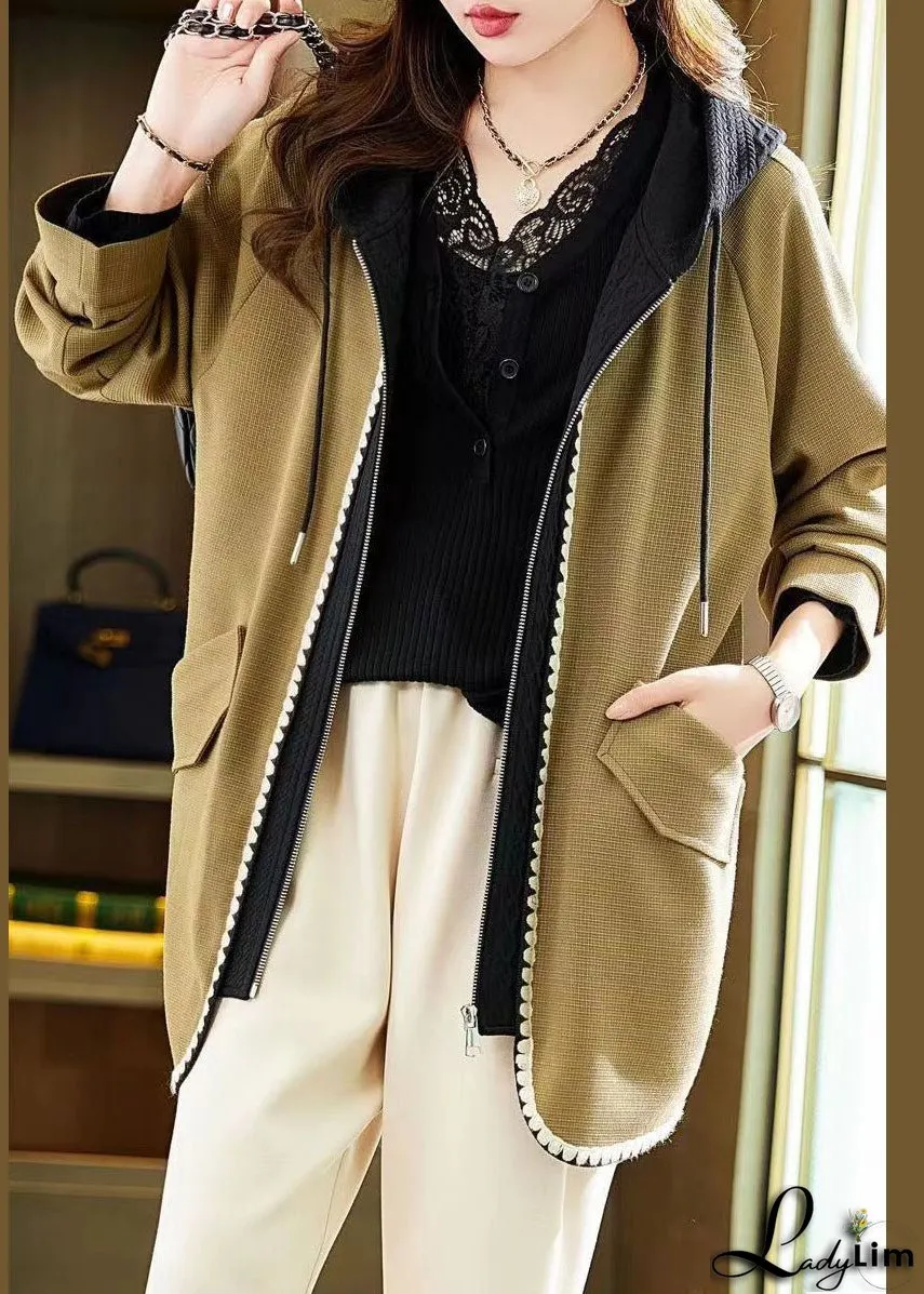 French Yellow Zip Up Pockets Patchwork Cotton Hooded Coat Fall