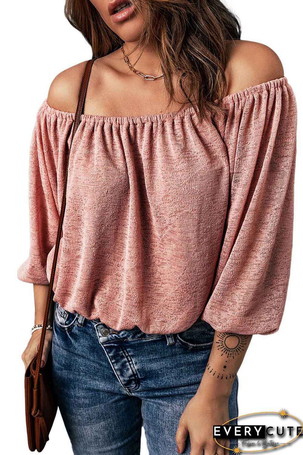 Pink Subtle Jacquard Long Sleeve Off Shoulder Blouse