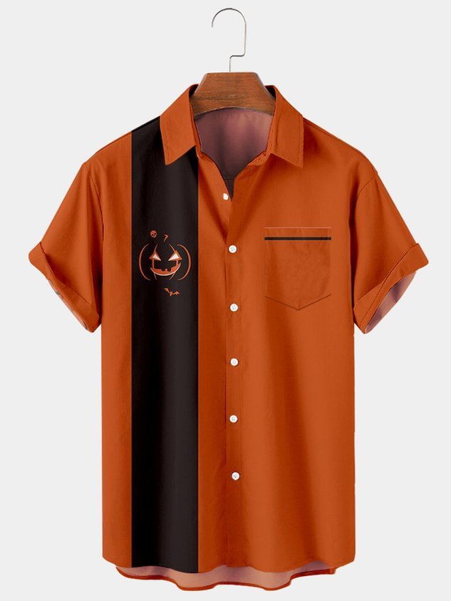 Men's Halloween Pumpkin Print Casual Breathable Short Sleeve Shirt