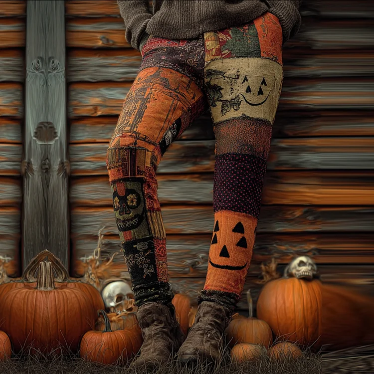 Halloween-themed Knitted Pants With A Patchwork Of Pumpkin-colored Blocks