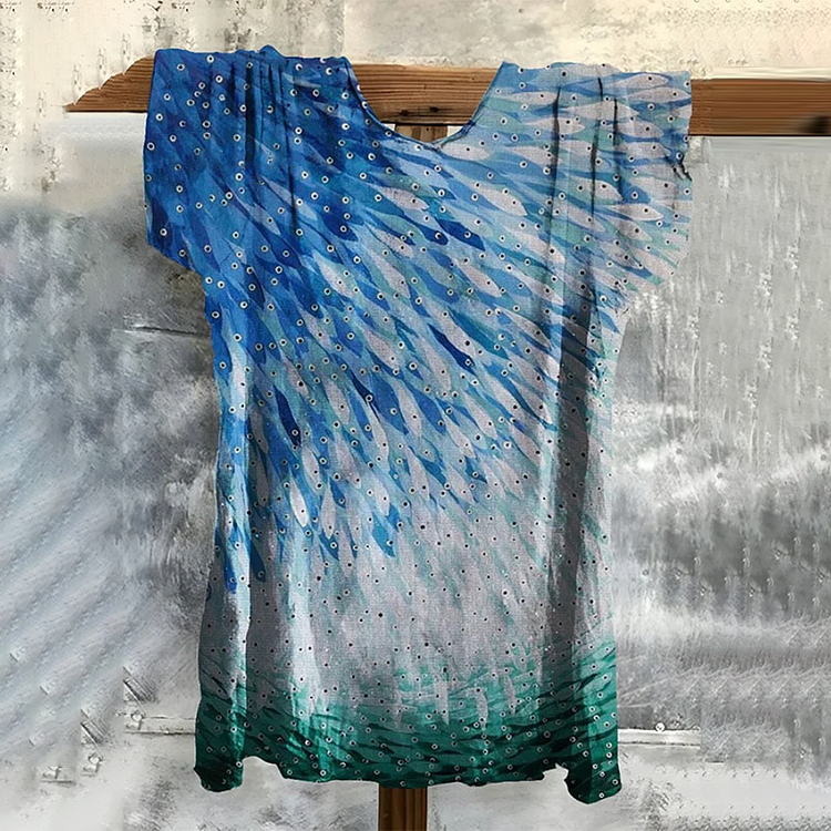 VChics Fish Art Print Casual Shirt Linen Casual T-shirt