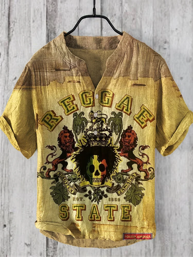 Reggae State EST. 1950 Rasta Print Men's Linen V-Neck Shirt