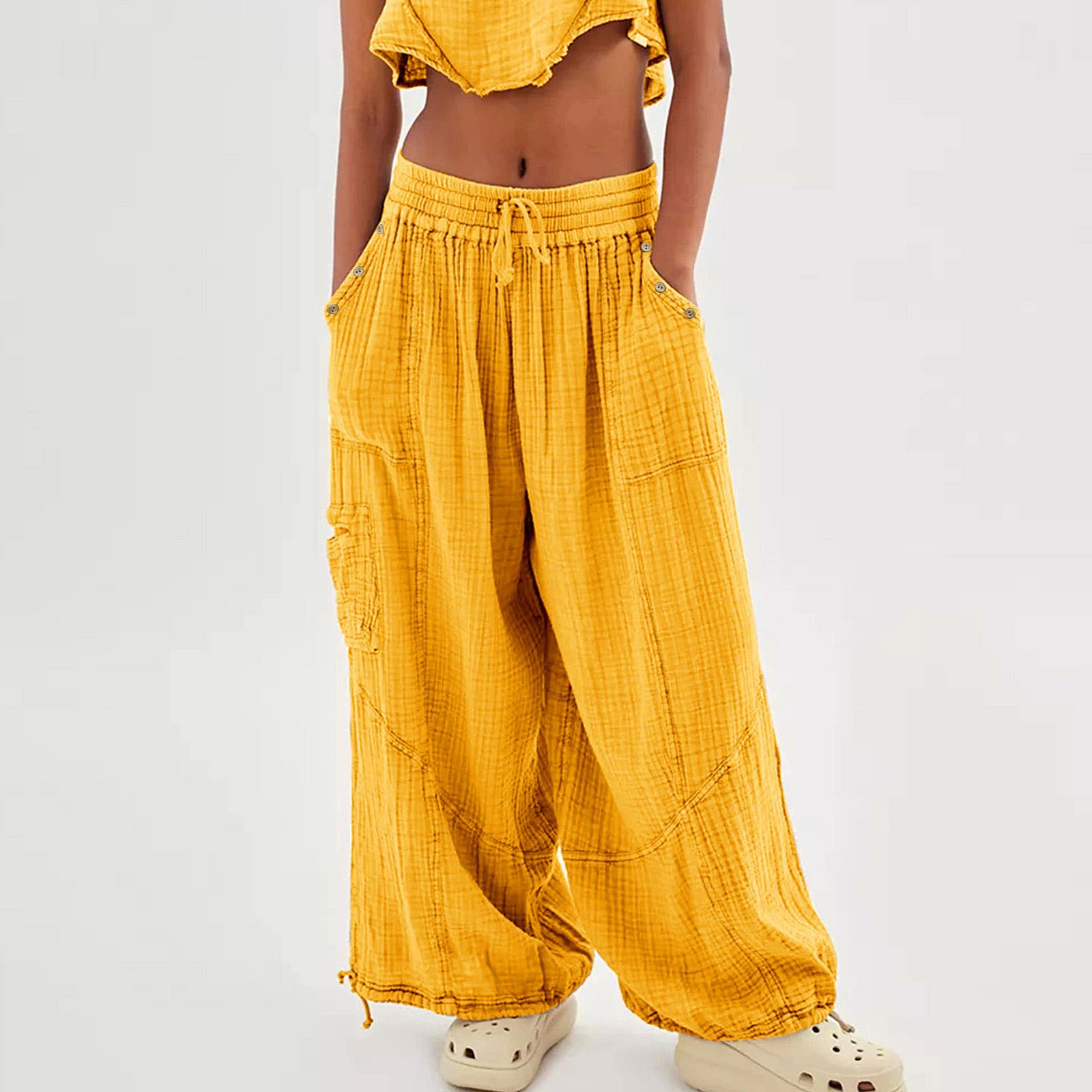 Whosewln Linen Pants Women Wide Leg Harem Pants High Waist Button Drawstring Palazzo Pants Loose Workout Stright Long Wide Leg Pants