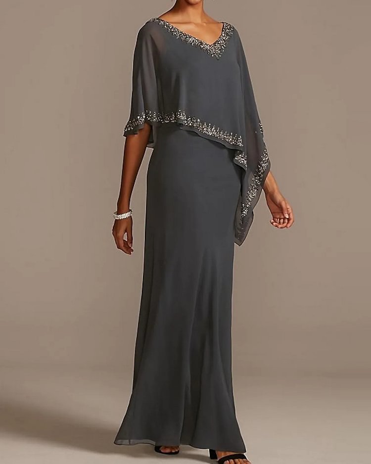 Mother of the Bride Dress V Neck Beading Half Sleeve Two-peice