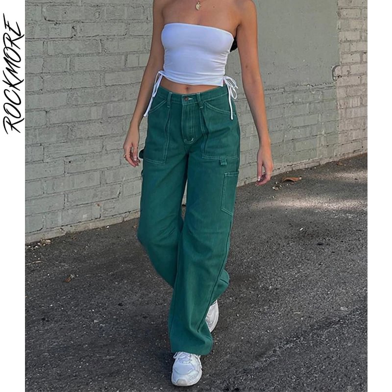 Toloer Rockmore Green Vintage Cargo Jeans Women Cotton Baggy Straight Pants Streetwear Pockets High Waist Wide Leg Denim Trousers 2021
