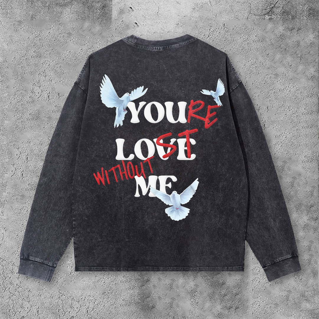 Sopula Peace Dove X You Re Lost Without Me Graphic Acid Wash Long Sleeve T-Shirt - SOPULA