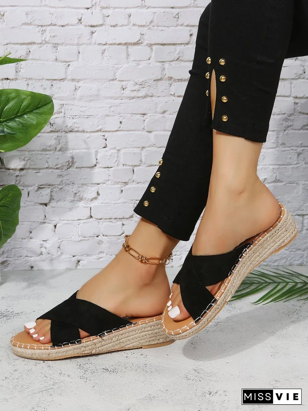 Faux Suede Cross Strap Straw Wedge Slides